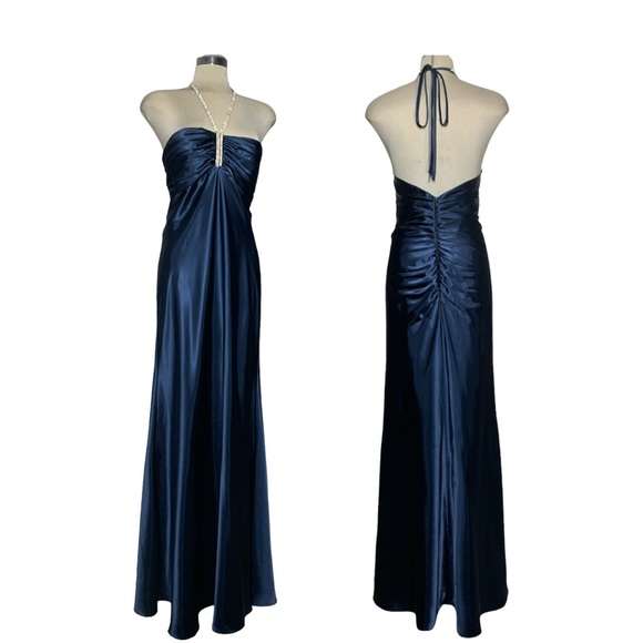 Gorgeous Designer Dark Blue Strapless Rhinestone Gown Maxi Dress Size XL Grande - Picture 3 of 17